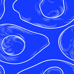 Fototapeta na wymiar Bright blue hand drawn seamless pattern with avocado illustrations, half of avocado