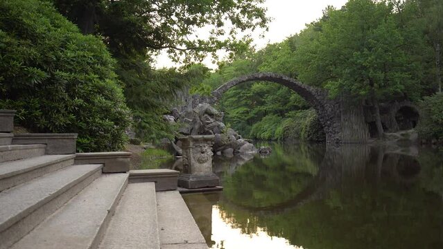 Rakotzbrucke Devil's Bridge forming a perfect circle with the reflection in the water in Rakotz lake surrpunded by dense forest, Gablenz, Germany