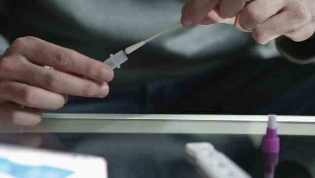Young man doing self coronavirus covid auto test introducing the nasal swab into the tube while sitting on sofa at home