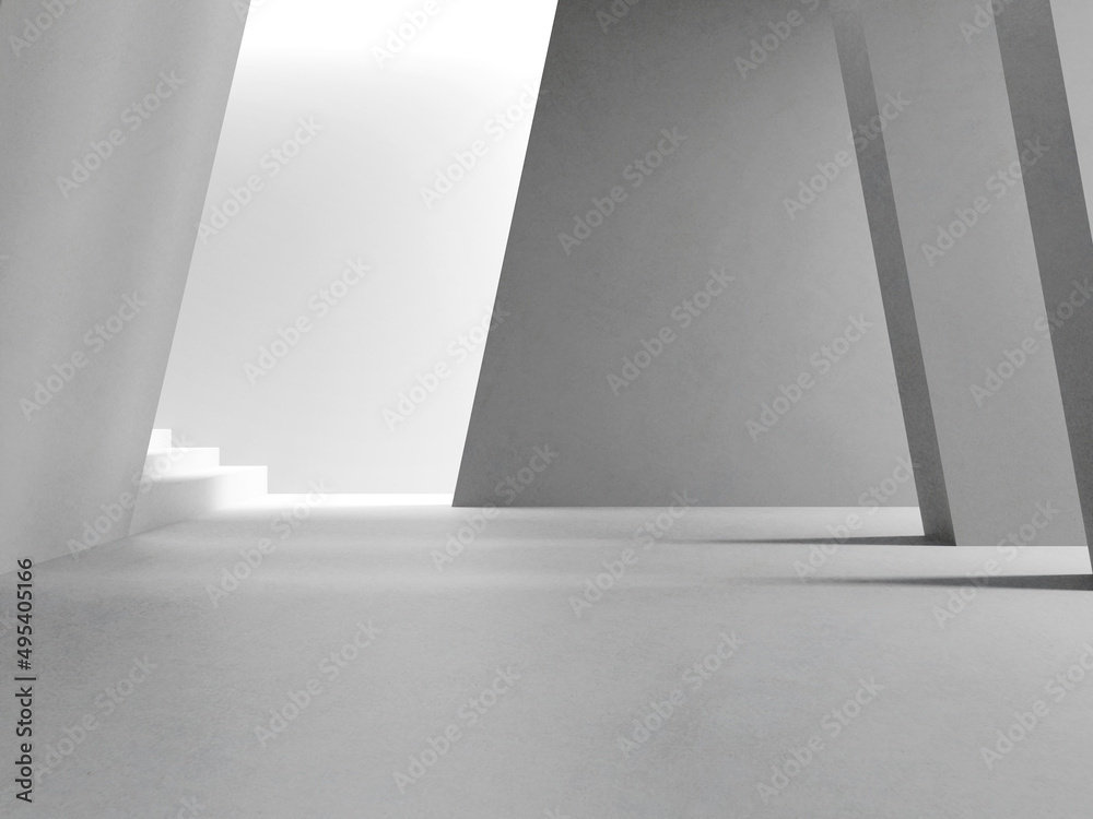 Fototapete 3d render of empty concrete room with illuminate light and shadow on the wall. Contemporary architecture design.