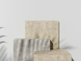 Mock up of stone podium and plant shadow, Cosmetic presentation. 3d rendering.