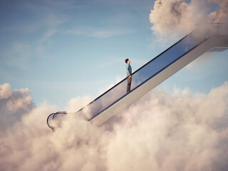 Man rises up on escalator into the clouds.