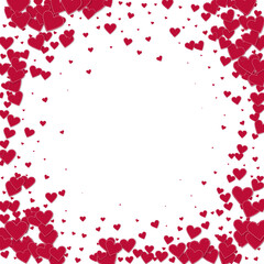 Fototapeta na wymiar Red heart love confettis. Valentine's day vignette trending background. Falling stitched paper hearts confetti on white background. Dazzling vector illustration.