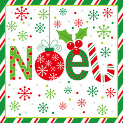 christmas card with christmas balls and noel text