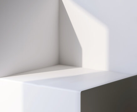 Fototapeta Realistic 3D render geometric abstract background for products overlay mock up. Empty white solid square podium with sunlight and shadow. Blank space, Backdrop, Template, Presentation, Concept, Cube.