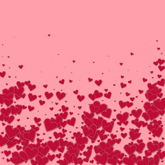 Red heart love confettis. Valentine's day falling rain juicy background. Falling stitched paper hearts confetti on pink background. Creative vector illustration.