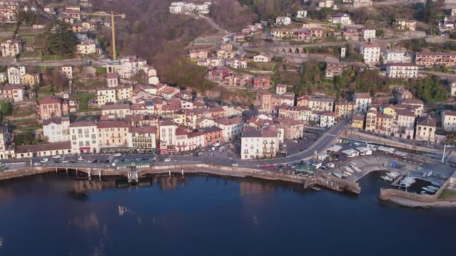 The Via Spluga main street of Lake Como in Argegno city center, aerial view.