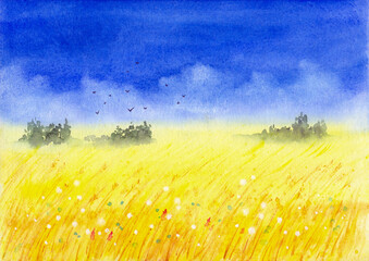 Watercolor illustration of a yellow wheat field under a bright blue sky with a distant streak of green trees