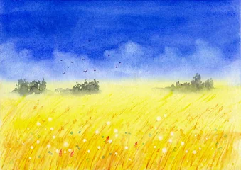 Poster Watercolor illustration of a yellow wheat field under a bright blue sky with a distant streak of green trees © Мария Тарасова