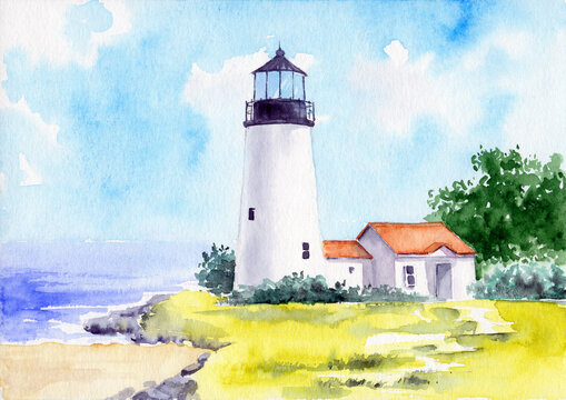 Watercolor illustration of a lighthouse with an additional building on a green hill under the blue skies 