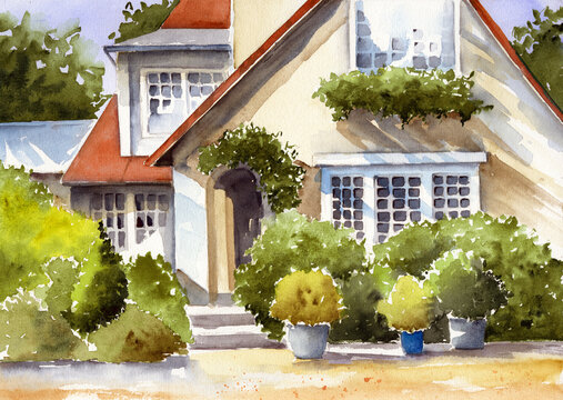 Watercolor illustration of a beautiful cottage with a red roof and mullioned windows, immersed in a dense green garden