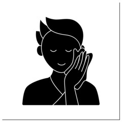 Beauty procedure glyph icon. Man wipe face by special wiping cloth. Cosmetology. Skin care routine concept. Filled flat sign. Isolated silhouette vector illustration