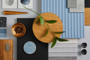Flat lay of creative architect moodboard composition with samples of wood, textile, paint, lamella...