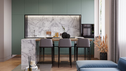 Modern small apartment interior with blue sofa and green kitchen 3D Rendering, 3D Illustration	