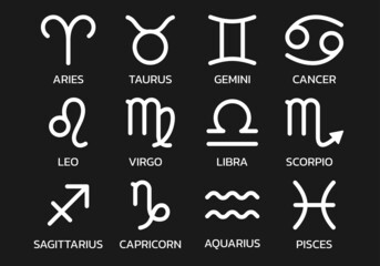 Zodiac sign icon set. Horoscope, astrology symbols. Vector illustration.
