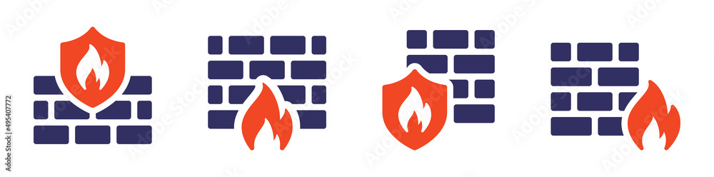 Poster firewall icon collection. brick wall and fire icon set. internet security concept.