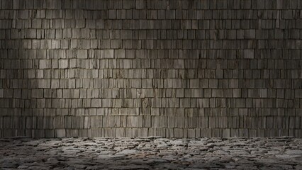 Old wooden shingles wall on stone ground with ray of light.  3d illustration. - 495407964