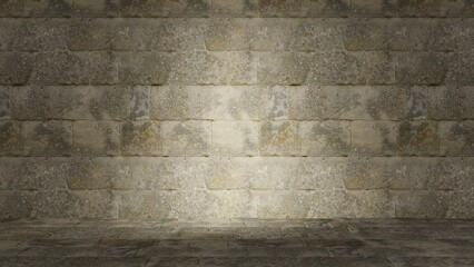 Old stone wall on stone ground with ray of spot light.
3d illustration. - 495407966