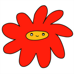vector character - a retro flower with a face.Psychedelic kid core 70s and 80s.Logo for an organic company, florist, garden, farm. Tattoo template.Quirky isolated floral logotype sticker.Childish dude