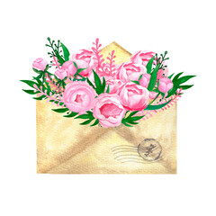 Watercolor Envelope flowers, Love Letters,  Mail, Bouquet, Wedding invitation.