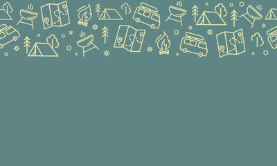 Camping seamless vector pattern. Outdoor recreation, hike horizontal banner with outline icons of campfire, tent, truck, map, barbecue and forest. Design for web page poster, wallpaper, packaging