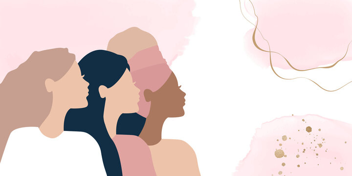 woman social network community. group of multi ethnic racial women who talk and share ideas, information. communication and friendship between women of diverse cultures. female head silhouette profile