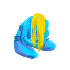 A girl in the colors of the Ukrainian flag is bound with barbed wire