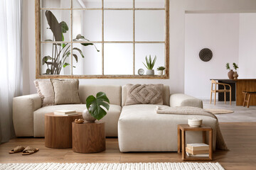 Modern interior of open space with design modular sofa, wooden coffee tables, plants and elegant...