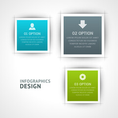 Presentation infographic geometric squares vector banner. Gray informational options of business strategy with blue chart reference. Green credit schedule optimization with creative reference.