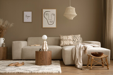 Stylish interior with design neutral modular sofa, mock up poster frames,  rattan armchair, coffee...