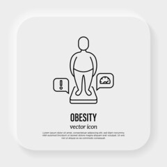 Obesity thin line icon. Man with excess weight on scales. Overeating, health problem. Overconsumption. Vector illustration.