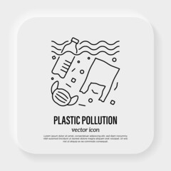 Plastic pollution. Plastic bottle, plastic bottle and medical mask in ocean or sea. Thin line icon. Overconsumption. Trash under water. Vector illustration.