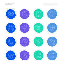 Dentist cabinet: dental instruments, toothbrush and toothpaste, caries, veneers, tooth whitening, implant, calculus, orthodontics. Highlights for stories. Thin line icons set, vector illustration.