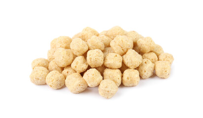 Pile of tasty corn balls on white background. Healthy breakfast cereal