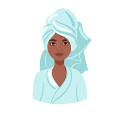 African American woman wearing a bathrobe. Beauty procedures concept. Girl in spa salon. Vector illustration. 