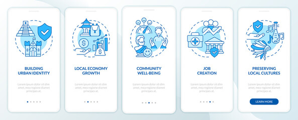 Heritage conservation policies blue onboarding mobile app screen. Walkthrough 5 steps graphic instructions pages with linear concepts. UI, UX, GUI template. Myriad Pro-Bold, Regular fonts used
