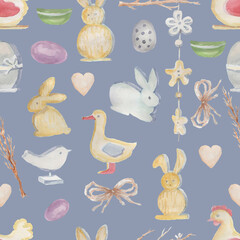 
Easter bunnies chicken eggs flowers and twigs watercolor illustration hand drawn  elements patern seamless postcard background
