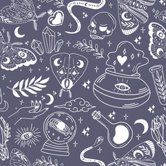 Witchcraft and magic seamless pattern made with various elements. Fortune telling and astrology. Mystic vibes, enigma.