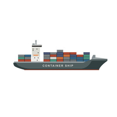 Cargo ship with sea containers. Container ship in flat style on white background. Logistics concept banner.