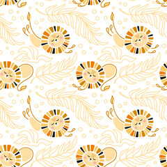 Cute lion in the jungle.  Kids print painted in candinavian style. Seamless pattern. 