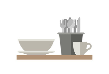 Plates with cutlery holder. Kitchenware in flat style on a white background.