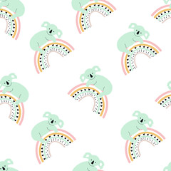 Cute koala on a rainbow seamless pattern. Hand drawn childish vector print. Funny animals. Cartoon design for baby room, pajamas, website.