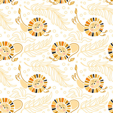 Cute lion in the jungle.  Kids print painted in candinavian style. Seamless pattern. 