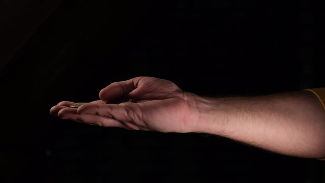 hand counts hryvnia coins on a dark background