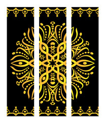  Set of vector bookmarks. Abstract round mandala on black background .Can be used background, banner, cover, posters.