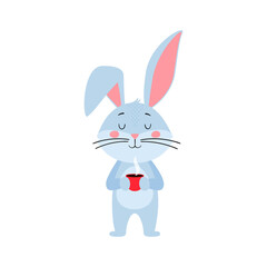 Cute cartoon rabbit or hare. Bunny with cup of coffee or hot chocolate in his hands. Printing for children's T-shirts, greeting card, posters. Hand-drawn vector stock illustration isolated on white