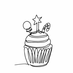 Cupcake in continuous one line style. Cute template in single line style for greeting cards. Contour line art design for t-shirt fashion print.