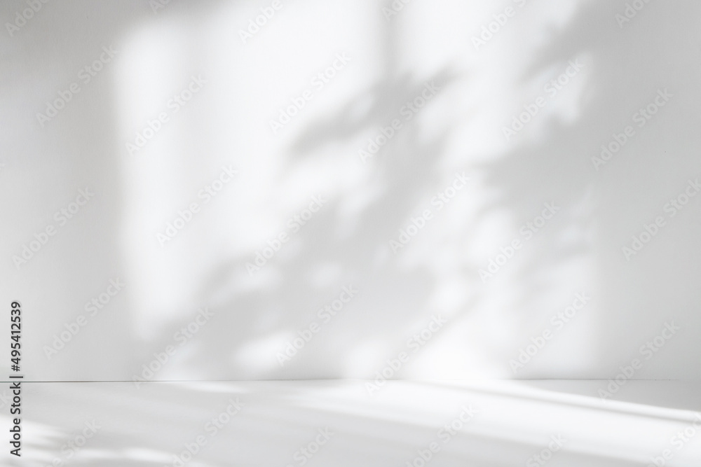 Aufkleber Abstract white studio background for product presentation. Empty room with shadows of window and flowers and palm leaves . 3d room with copy space. Summer concert. Blurred backdrop.