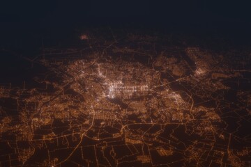 Aerial shot of Donetsk (Ukraine) at night, view from south. Imitation of satellite view on modern city with street lights and glow effect. 3d render