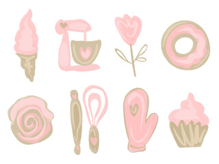 Vector Hand drawn isolated design elements set for bakery. Kitchen pastry tools set. Watercolor collection of sweet cakes and donuts.